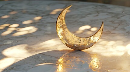 Golden crescent moon ornament on marble surface, illuminated by sunlight.