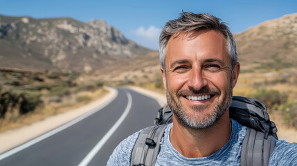 Smiling man with backpack on road in mountainous landscape, enjoying nature and adventure. bright sky enhances cheerful atmosphere of outdoor journey