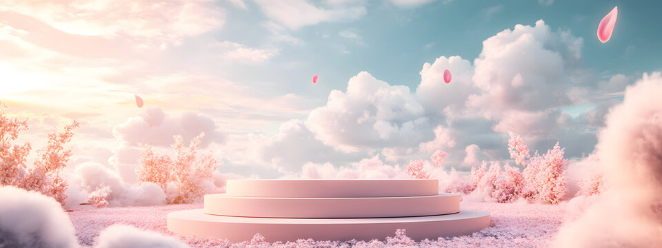 natural beauty podium with a dreamy sky backdrop, perfect for product display, luxury branding, and romantic presentations in a soft and elegant 3d scene.