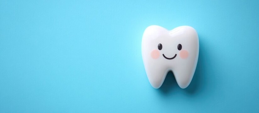 Cartoon tooth character with a smile on a blue background featuring copy space for text insertion