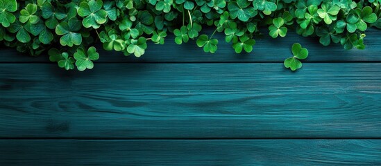 Green clover leaves on dark wooden background with copy space for text or design elements