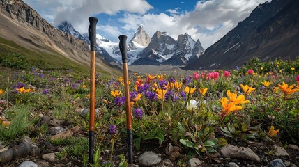 Hiking poles stand amidst vibrant wildflowers and majestic snow-capped mountains.