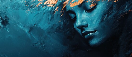 Blue underwater portrait of a serene woman with flowing hair designed with abstract artistic strokes and Copy Space for text placement.