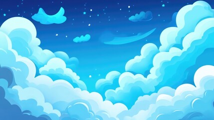 Colorful cartoon sky with fluffy clouds and stars in a blue gradient background featuring ample Copy Space for text placement