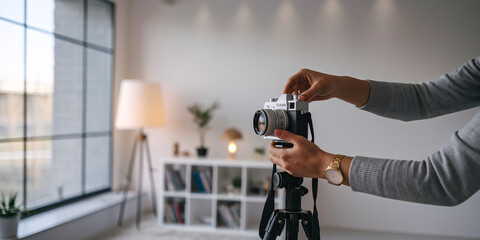 Photographer Adjusting Camera in Studio. A woman in a gray shirt is adjusting a camera on a tripod, with a softbox light and another light source visible in the background.