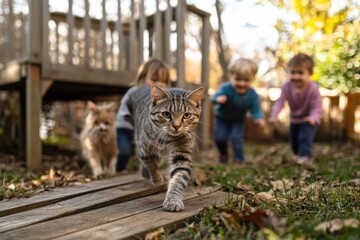 Obraz premium Agile silver tabby cat chasing kids in backyard scene
