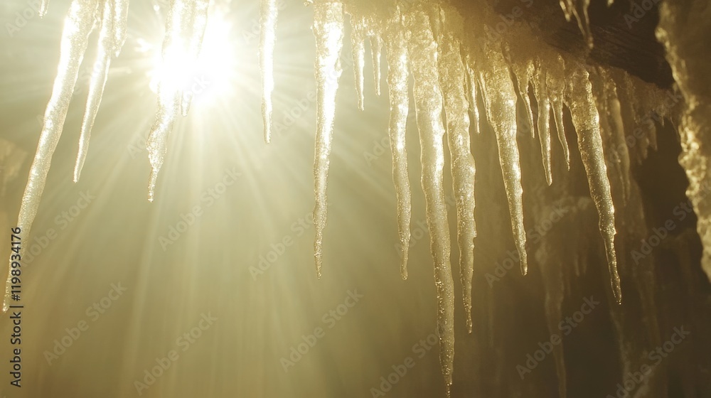 Wall mural icicles hanging from rock formation illuminated by sunlight creating a warm glow with soft focus bac