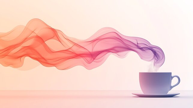 A steaming cup of coffee emits colorful, swirling vapor against a soft gradient background