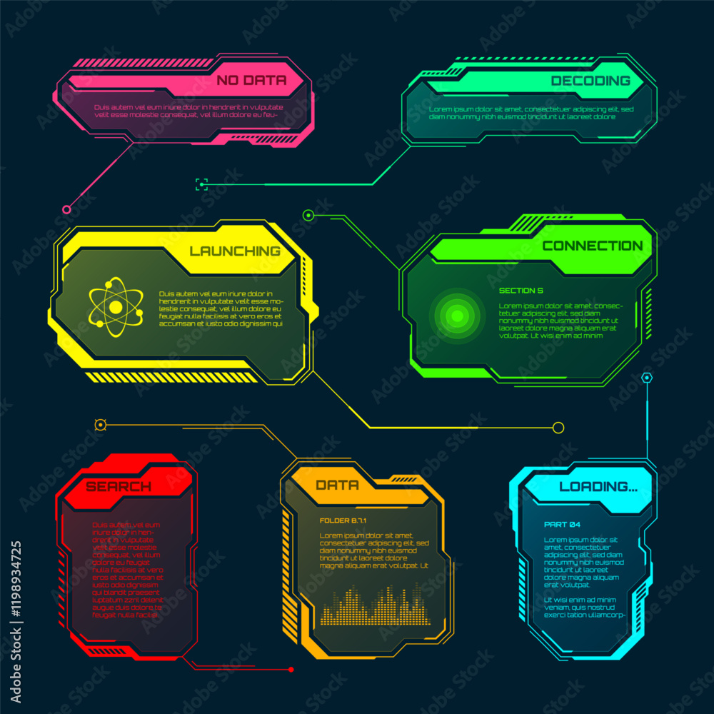 Poster futuristic hud or ui elements. sci-fi user interface text boxes, callouts. colorful warning message 