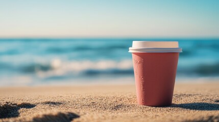 Coffee cup on sandy beach with ocean waves in the background and blue sky, arranged with ample Copy Space for text placement