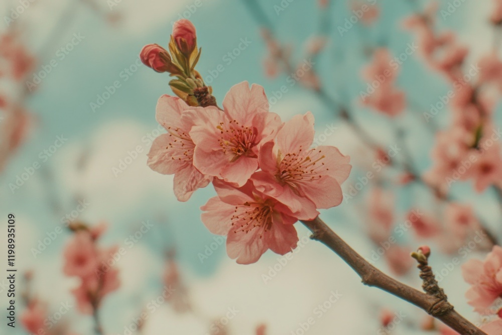 Wall mural Close-up of a pink flower growing on a tree branch, perfect for nature or garden-themed designs