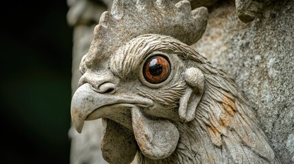 Detailed close-up of a stone rooster sculpture showcasing intricate details of the feathers and a large eye with copy space for text.