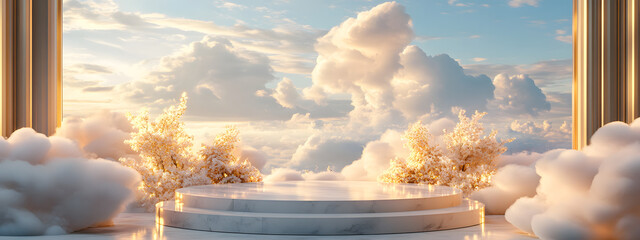 natural beauty podium with a dreamy sky backdrop, perfect for product display, luxury branding, and romantic presentations in a soft and elegant 3d scene.