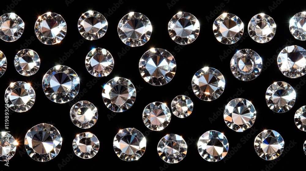 Poster colorful sparkling diamonds on black background arranged in various sizes with copy space for text i