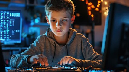 A boy innovator learns about cybersecurity for the Internet of Things, designing tools to protect smart devices from emerging threats - Powered by Adobe