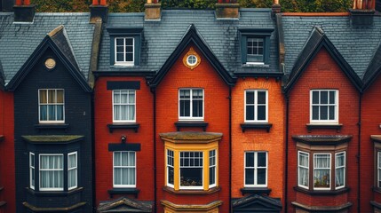 Fototapeta premium Colorful row of Victorian houses with intricate architecture and vibrant facades in an urban setting