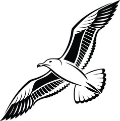 Elegant Seagull in Flight Silhouette - A striking black and white illustration of a seagull in flight