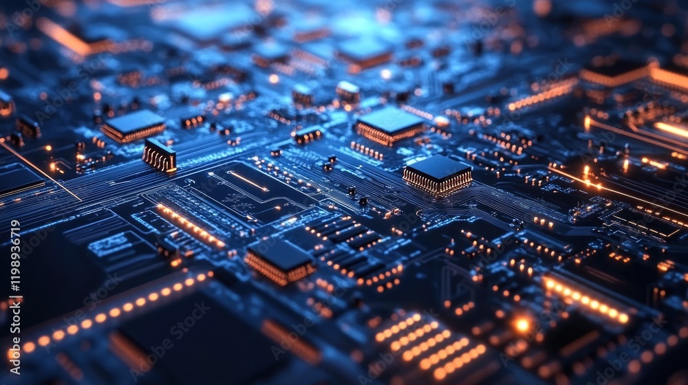 Poster abstract close-up of a circuit board with glowing components and intricate patterns, suitable for te