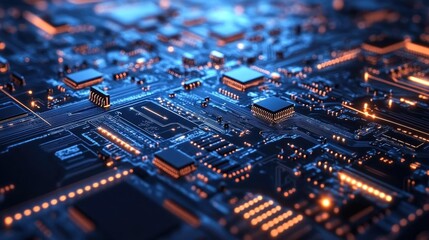 Obraz premium Abstract close-up of a circuit board with glowing components and intricate patterns, suitable for technology and digital themes, Copy Space.