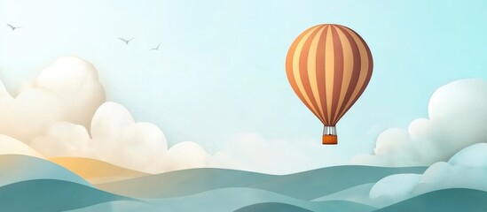 Obraz premium Colorful hot air balloon floating over stylized hills and clouds with blue sky background and copy space for text placement