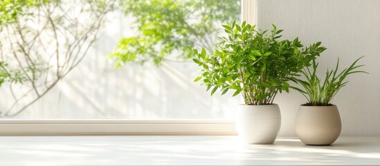 Fototapeta premium Indoor potted plants on a windowsill with natural light and greenery in the background and Copy Space for text
