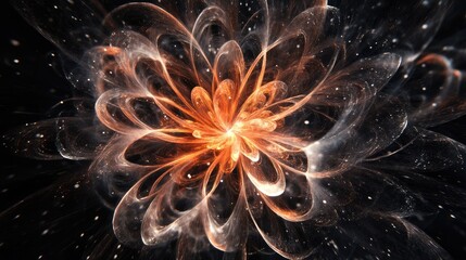 Abstract fractal flower design with swirling shapes and glowing orange accents on a black background featuring Copy Space