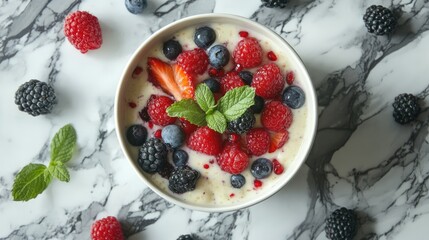 Bowl of yogurt topped with fresh mixed berries including strawberries raspberries blueberries and blackberries on marble surface Copy Space