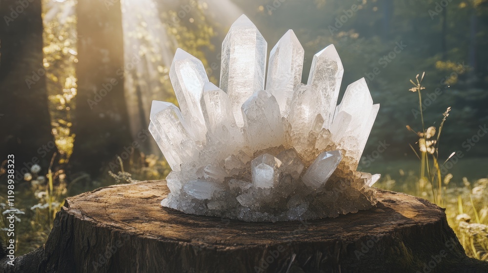 Wall mural cluster of clear quartz crystals on tree stump in sunlit forest setting with copy space