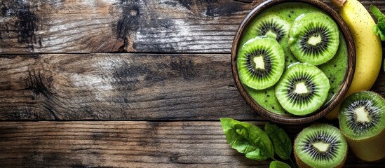 Fresh sliced kiwifruit in a wooden bowl with bananas and green leaves on a rustic wooden background with Copy Space