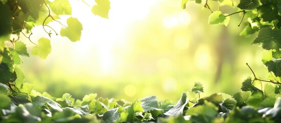 Obraz premium Lush green ivy leaves framing a sunlit background with warm sunlight illuminating a blurred natural scene Copy Space