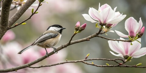 Obraz premium A chickadee perched on a branch with blooming magnolia, blossom branch, flowered tree