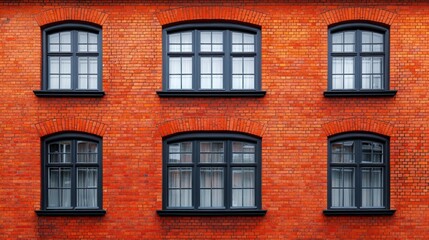 Fototapeta premium Red brick building facade featuring six windows with black frames and white curtains, urban setting