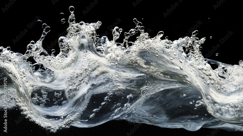 Poster high-speed capture of water splash with bubbles on black background featuring dynamic movement and c