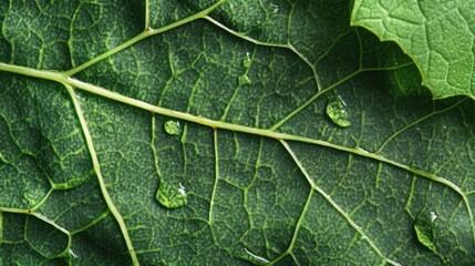 Obraz premium Close-up of green leaf texture with water droplets on surface, detailed veins visible, natural background with Copy Space for text