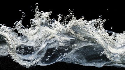 High-speed capture of water splash with bubbles on black background featuring dynamic movement and Copy Space for text placement.