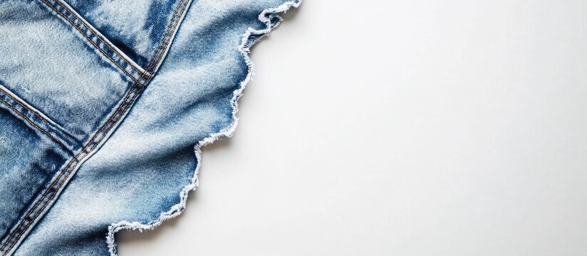 Denim fabric edge with frayed hem on white background with copy space for text or design