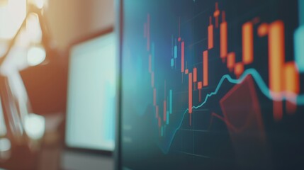 "Close-up shot of upward moving graphs on computer screen in modern office setting"