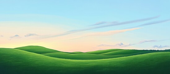Green rolling hills under a clear blue sky at sunrise with soft pastel colors and gentle cloud formations Copy Space