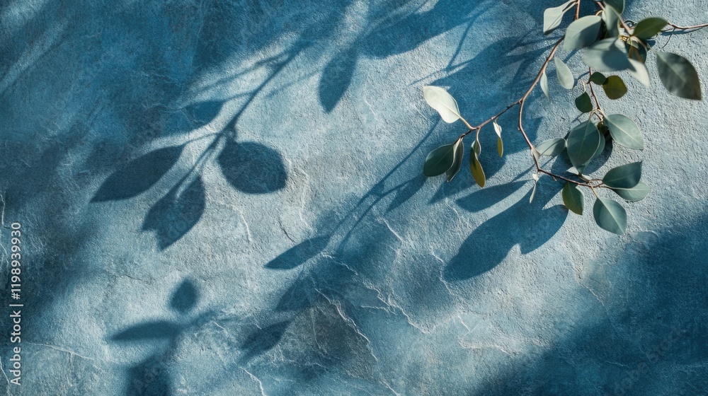 Poster blue textured background with shadows of eucalyptus leaves creating a natural pattern and copy space