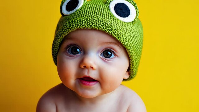Baby wearing a green frog hat is smiling. The hat is green and has black eyes. The baby is wearing a yellow background