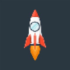 Pixel art rocket with fiery trails, retro games, space-themed designs, apps, or animations. 8-bit style for technology, sci-fi, and futuristic creative projects. Vector illustration