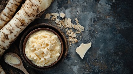 Freshly grated horseradish root with prepared horseradish sauce in a bowl on a dark textured background with copy space