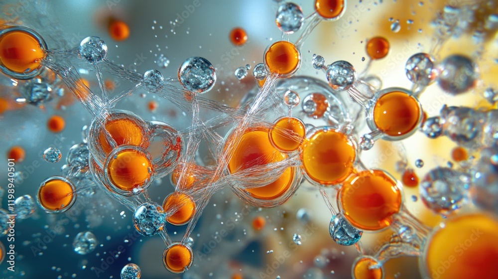 Poster abstract close-up of colorful bubbles and spheres in a fluid medium with copy space for text placeme