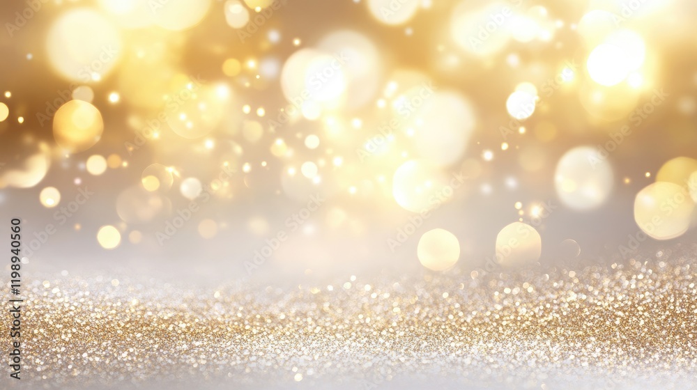 Poster golden bokeh background with sparkling glitter in soft focus and ample copy space for text placement