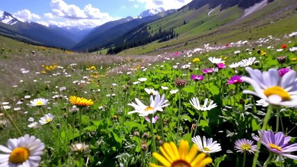 Flying over an alpine meadow with blooming wildflowers including daisies and sunflowers against snow-capped mountain peaks under blue summer sky in a scenic valley.