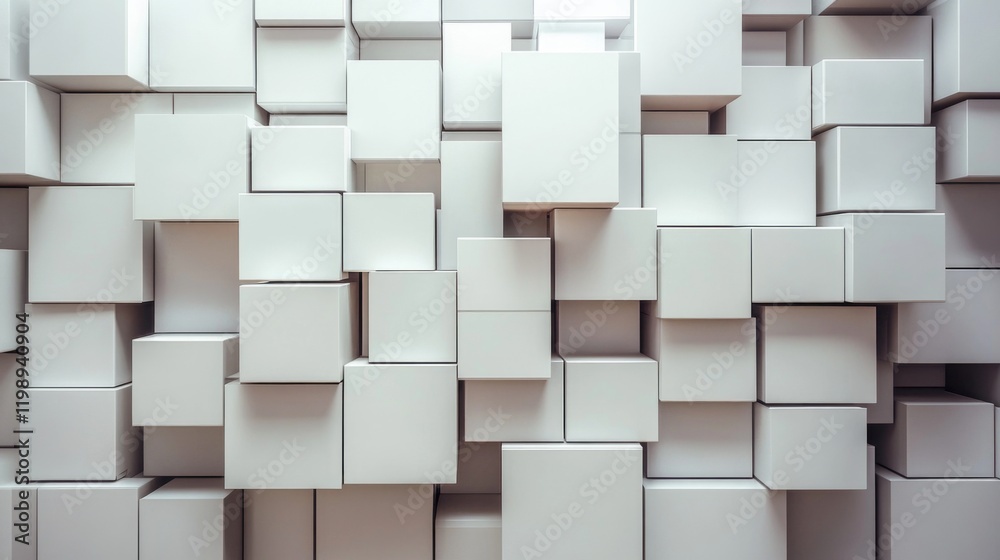 Poster abstract arrangement of white cubes creating textured wall background with ample copy space for over