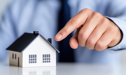 A businessman pointing at a miniature house model.