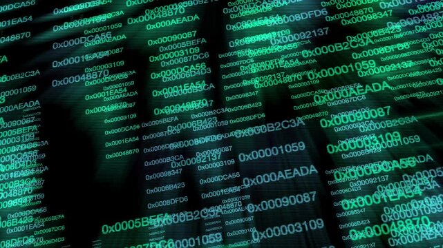 Animated columns of greenish hexadecimal codes displayed on a dark background, resembling a cyber digital interface of data flow.