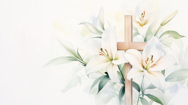 Elegant lily flowers with wooden cross in soft watercolor art on light background