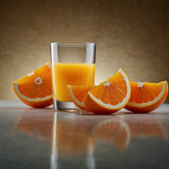 A glass of orange juice with a slice of orange.